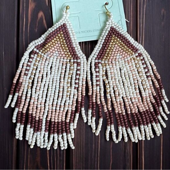 Western Earrings Cream White Pastel Pink Gold Mauve Beaded Fringe Cowgirl - Picture 1 of 1